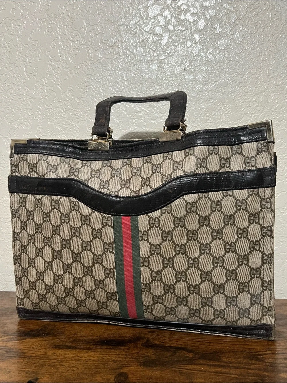 Gucci Beige Monogram Canvas Briefcase with Red & Green Web Stripe